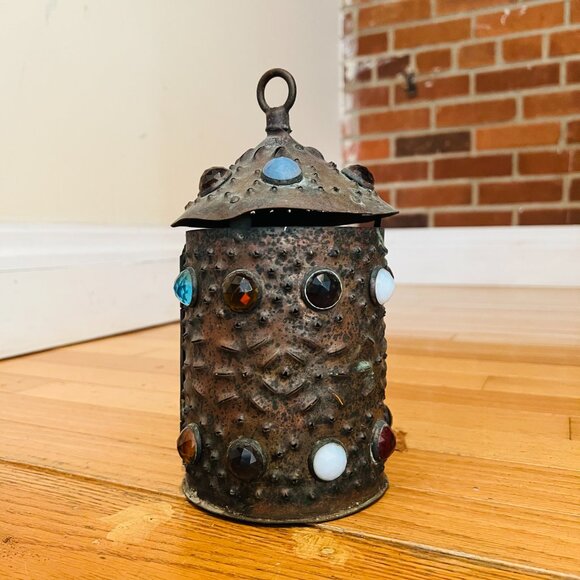 Early Bradley & Hubbard Pierced Brass Lantern Colored Glass - Picture 7 of 16